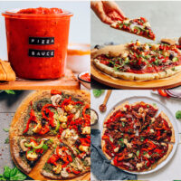 Gallery of plant-based recipes for pizza night, including vegan pizza sauce, vegan sausage pizza, vegan cauliflower crust pizza, and gluten-free pizza crust