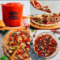 Gallery of plant-based recipes for pizza night, including vegan pizza sauce, vegan sausage pizza, vegan cauliflower crust pizza, and gluten-free pizza crust