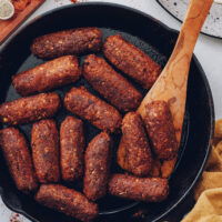 Skillet of vegan chorizo sausage links