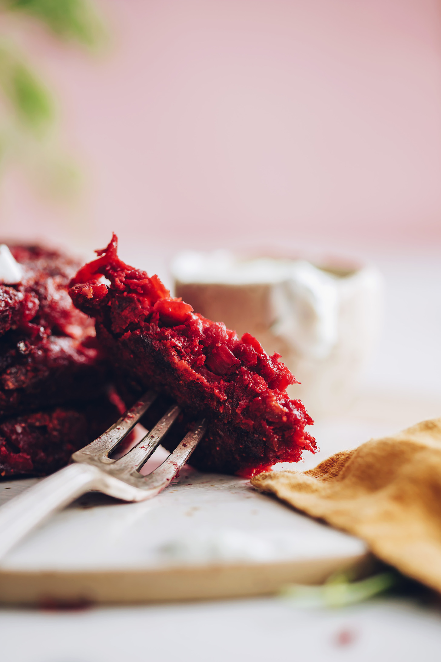 Bite of a beet fritter on a fork