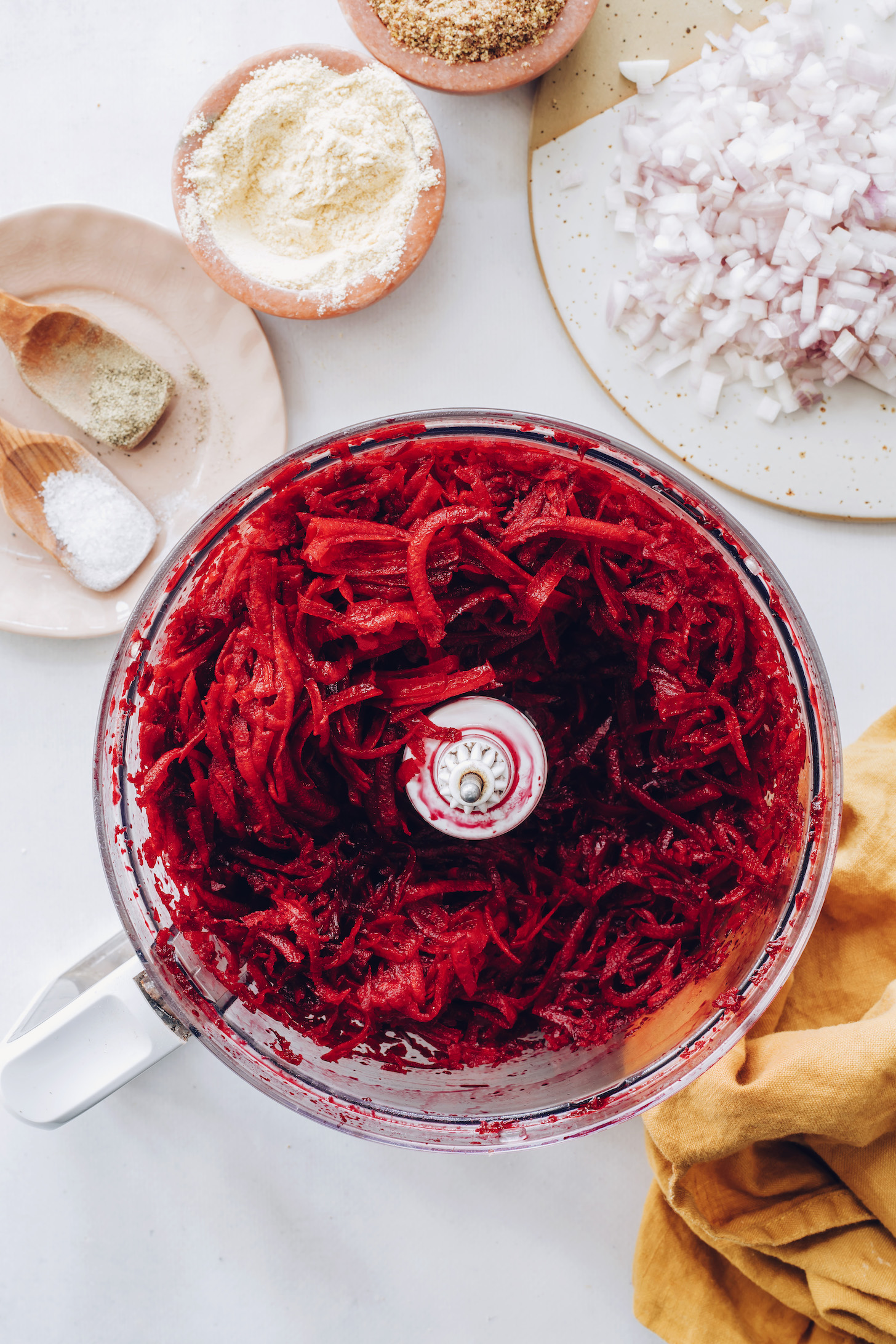 Shredded beets in a food processor