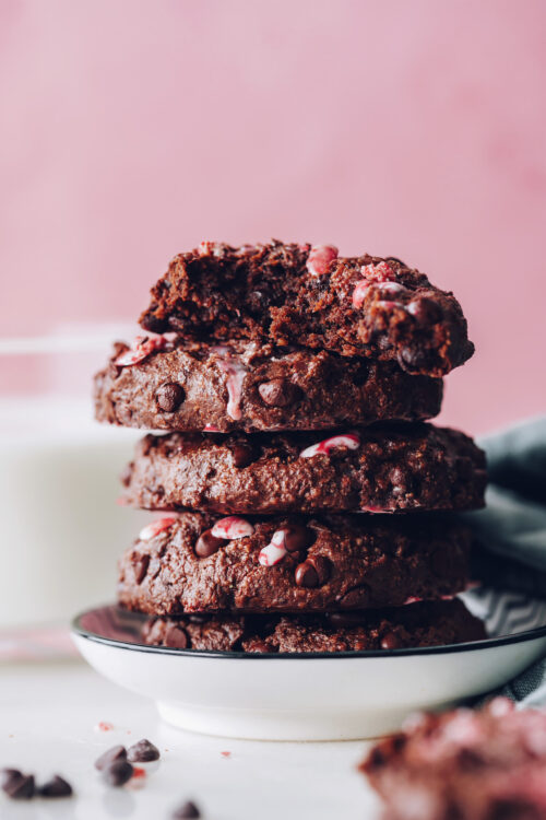 Stack of gluten-free vegan chocolate peppermint cookies