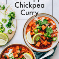 Bowls of vegan and gluten-free instant pot-friendly roasted red pepper chickpea curry