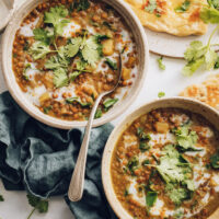 Two bowls of Instant Pot lentil soup topped with cilantro