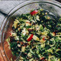 Bowl of shaved brussels sprout salad with apples and dates