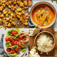 Text saying 36 plant-based cauliflower recipes over images of recipes made with cauliflower