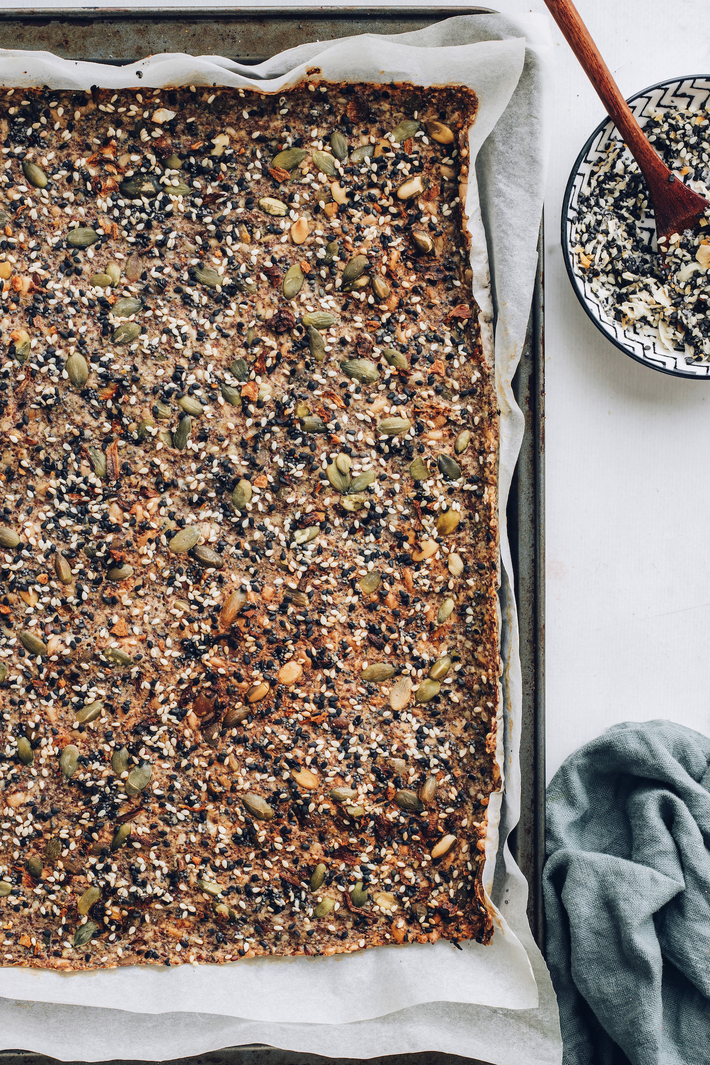 Baking sheet with toasty seed crackers in one sheet