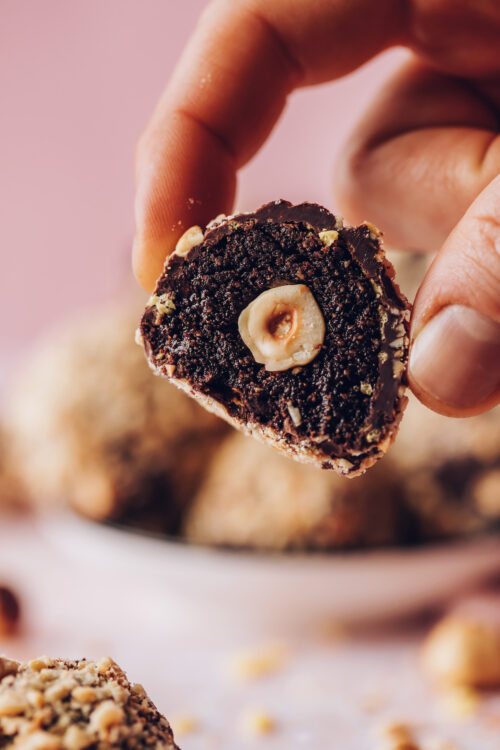 Close up shot of a homemade ferrero rocher chocolate truffle