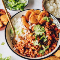 Rice, picadillo, plantains, and cilantro as an example meal for our vegan meal prep guide