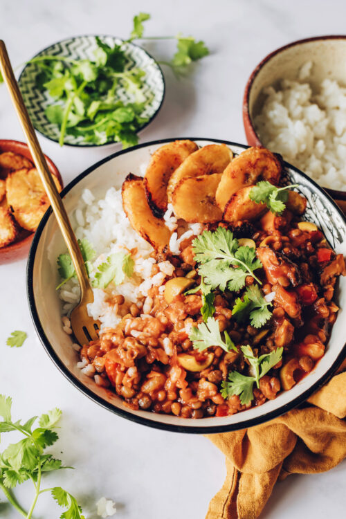 Rice, picadillo, plantains, and cilantro as an example meal for our vegan meal prep guide