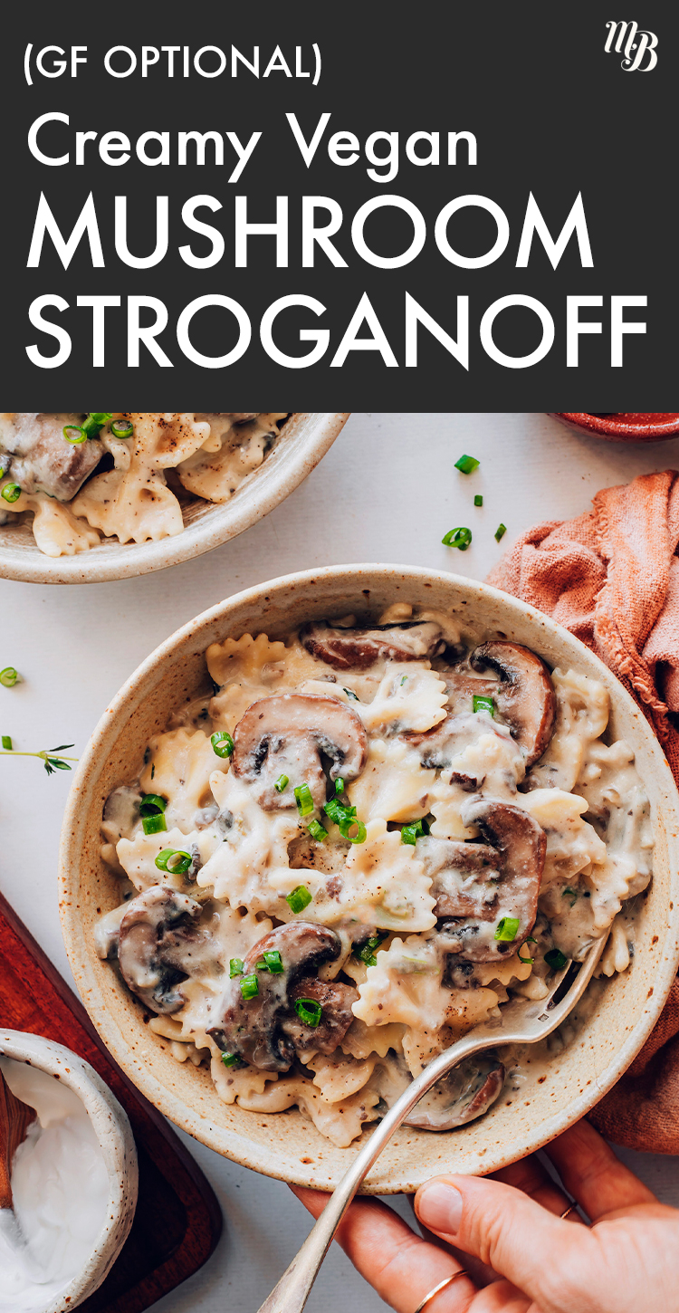 Bowl of creamy vegan mushroom stroganoff with a spoon in it