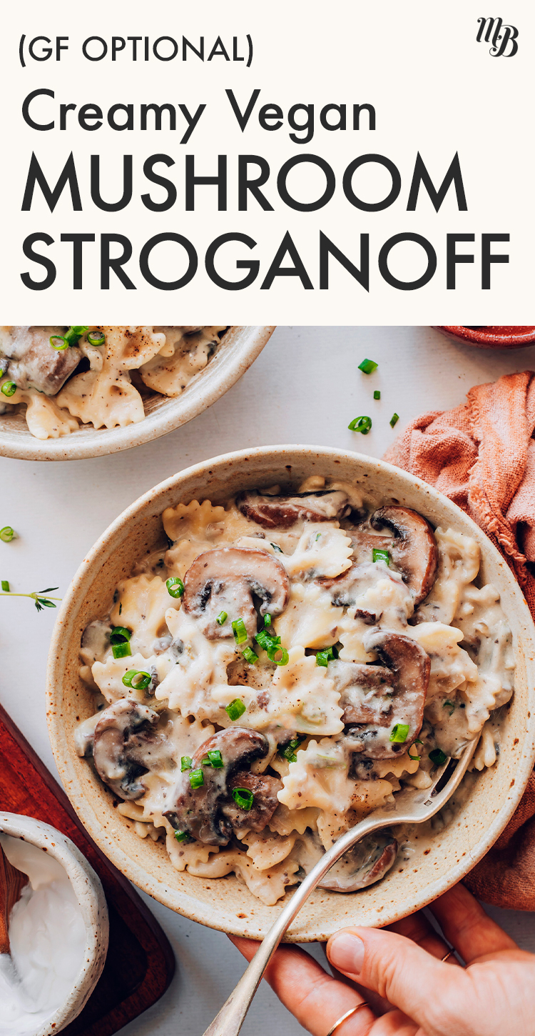 Bol de stroganoff végétalien crémeux aux champignons avec une cuillère dedans