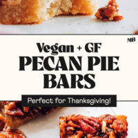 Overhead and side view photos of vegan gluten-free pecan pie bars that are perfect for Thanksgiving