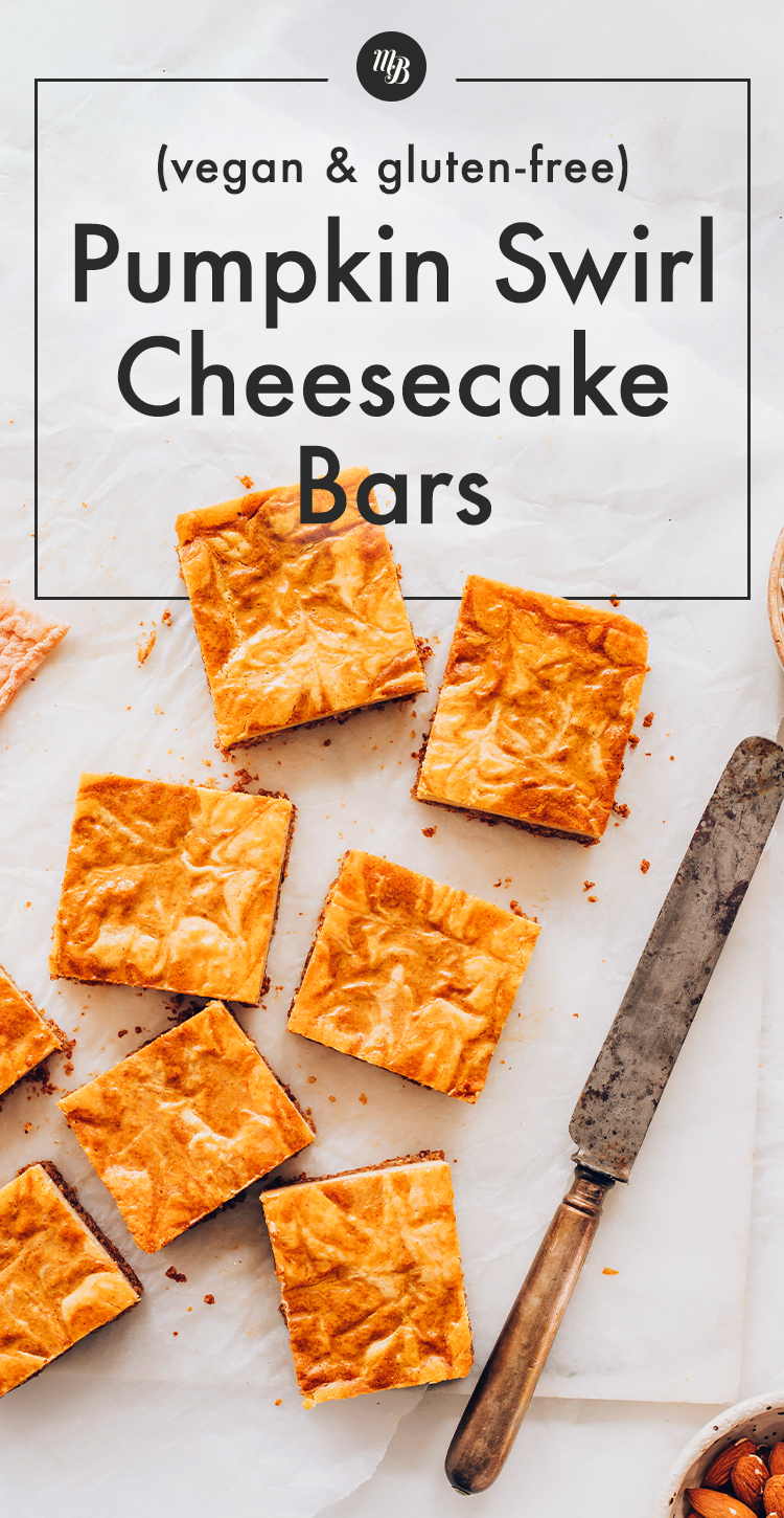 Vegan and gluten-free pumpkin swirl cheesecake bars