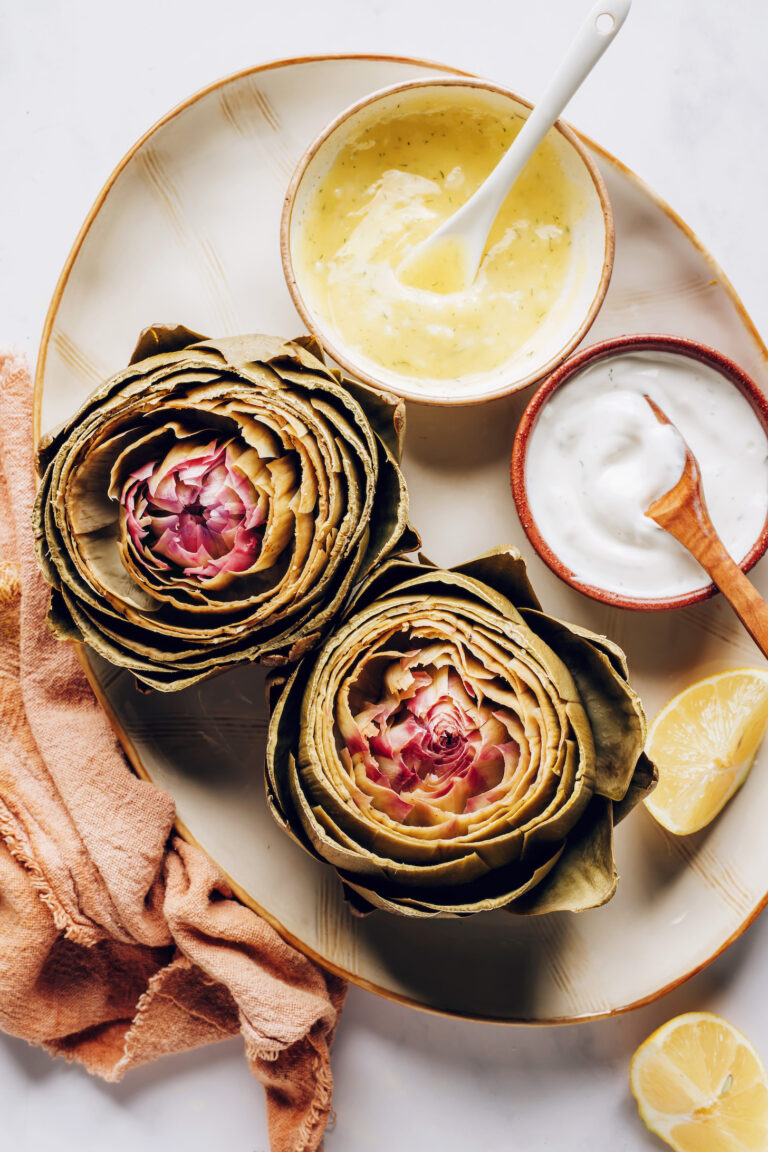 How To Cook And Eat An Artichoke 2 Sauces Minimalist Baker Recipes   EASY Guide For How To Cook An Artichoke 1 Pot 2 Sauces 30 Minutes The PERFECT Appetizer Plantbased Recipe Minimalistbaker Artichoke 5 768x1152 