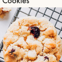 A vegan and gluten-free cranberry macadamia nut cookie on a cooling rack