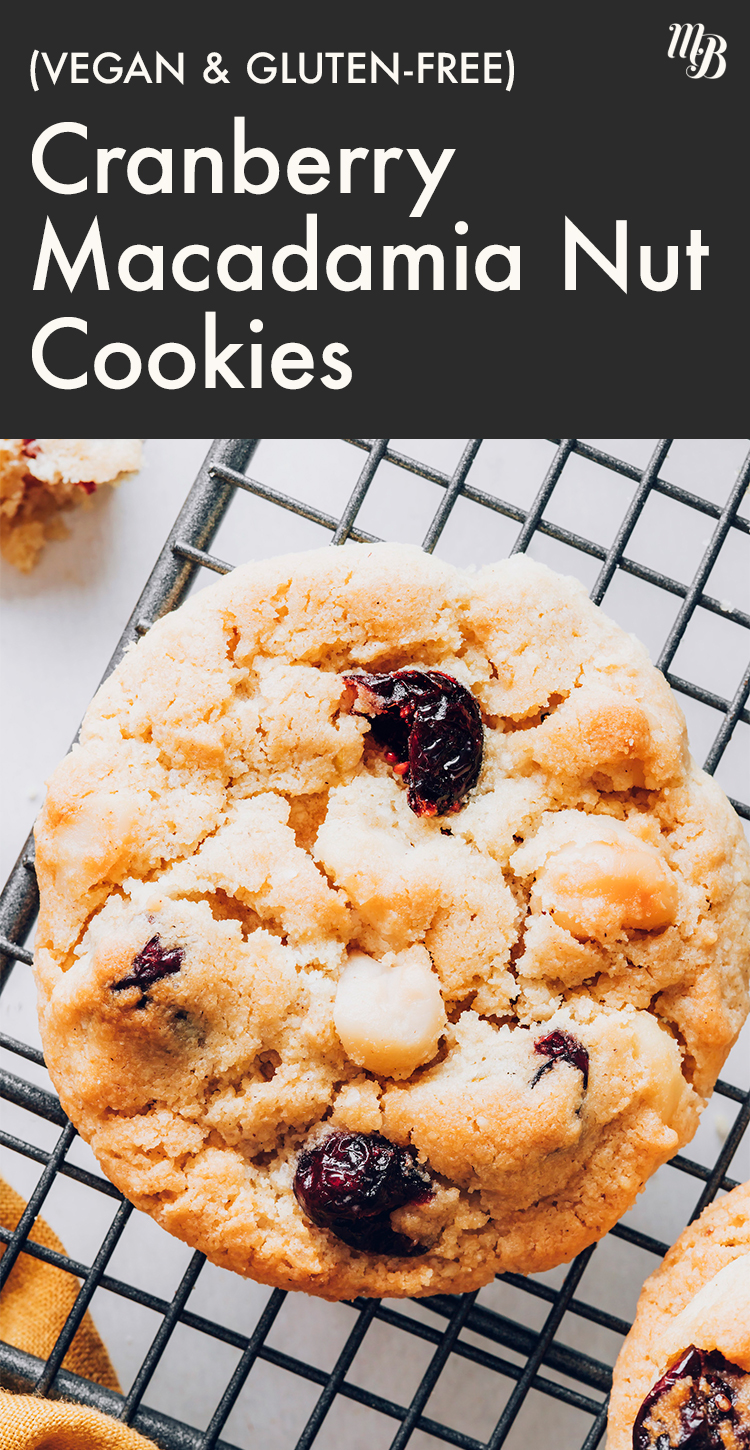A vegan and gluten-free cranberry macadamia nut cookie on a cooling rack