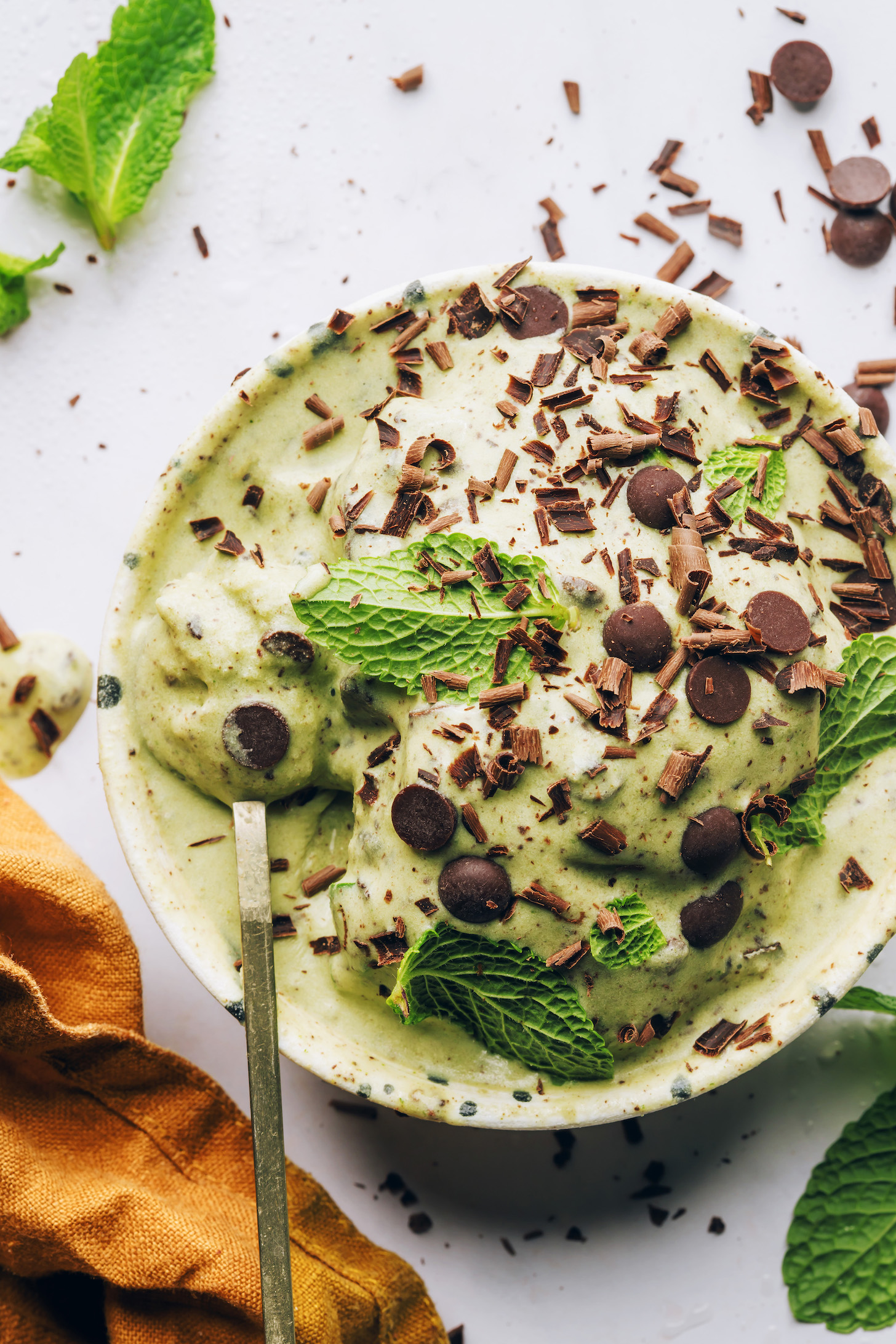 Vegan mint chocolate chip ice cream garnished with chocolate shavings and fresh mint 