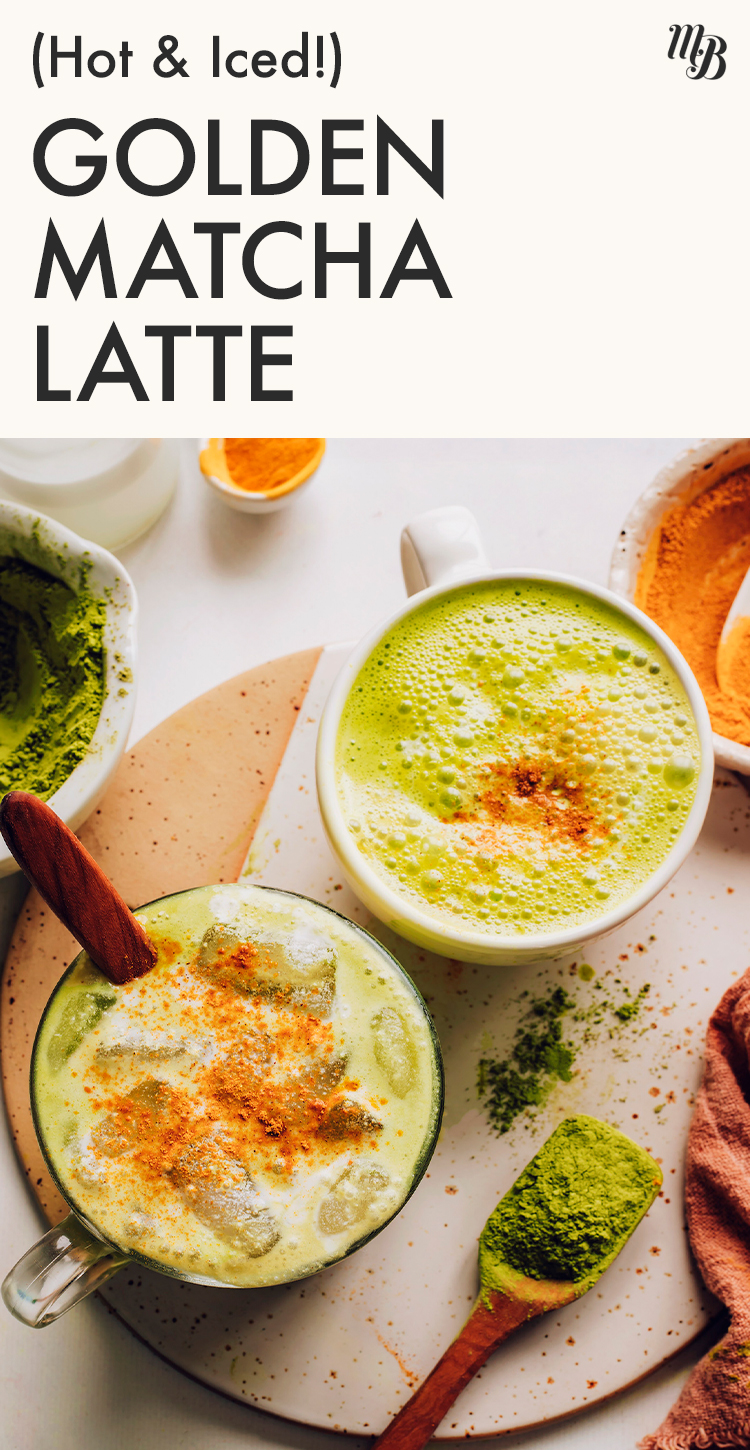 Mugs of vegan golden matcha lattes with turmeric sprinkled on top