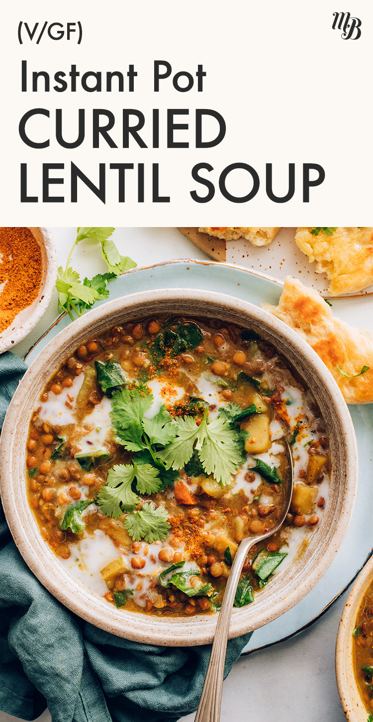 Bowl of vegan and gluten-free Instant Pot Curried Lentil Soup with cilantro on top