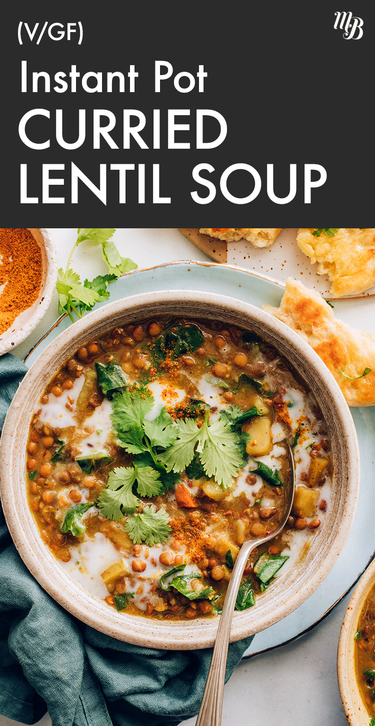 Bowl of vegan and gluten-free instant pot curried lentil soup with cilantro on top