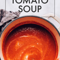 Spoon stirring a pot of creamy vegan and gluten-free 1-pot chipotle tomato soup