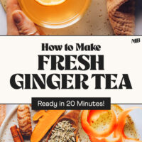 Photos of mugs of fresh ginger tea and ingredients used to make it with text between them that says how to make fresh ginger tea ready in 20 minutes