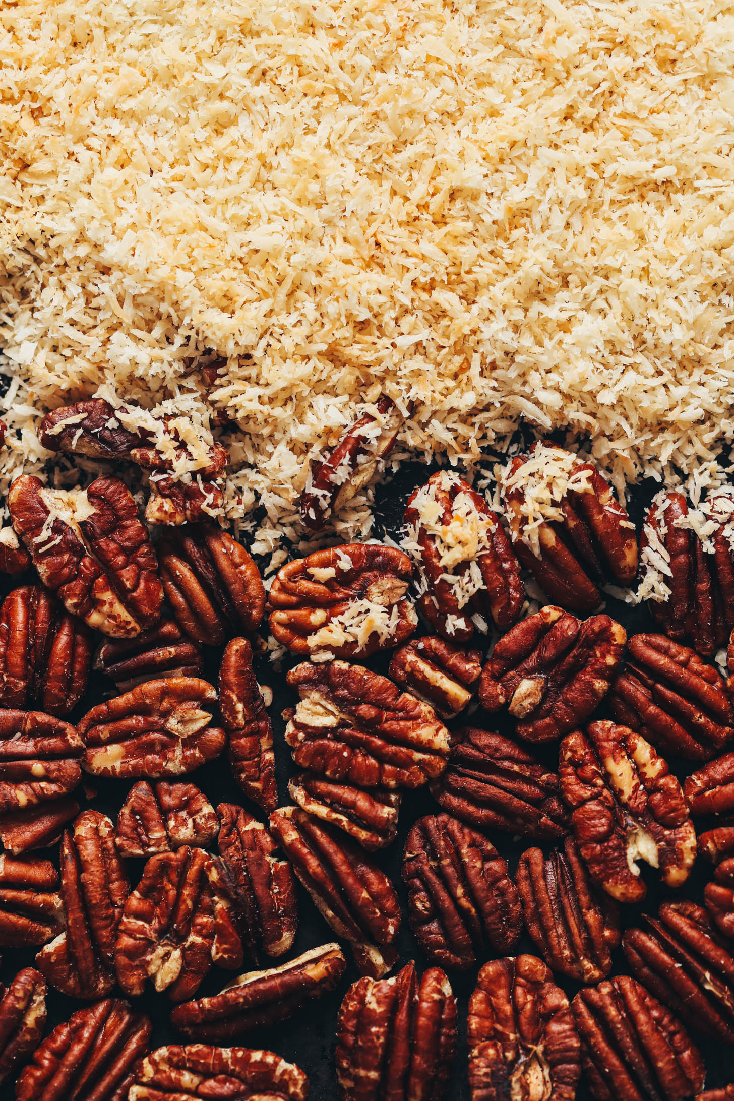 Coconut and toasted pecans on a baking sheet