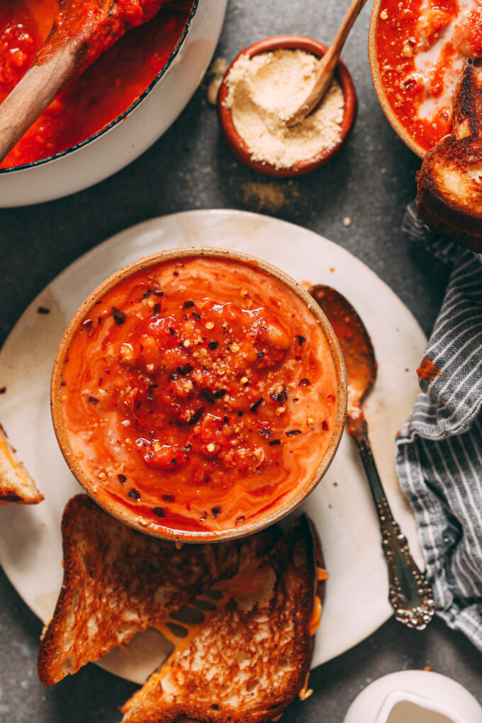 Super Garlicky Tomato Soup with Smashed White Beans