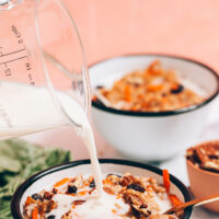 Pouring dairy-free milk into a bowl of carrot cake oatmeal