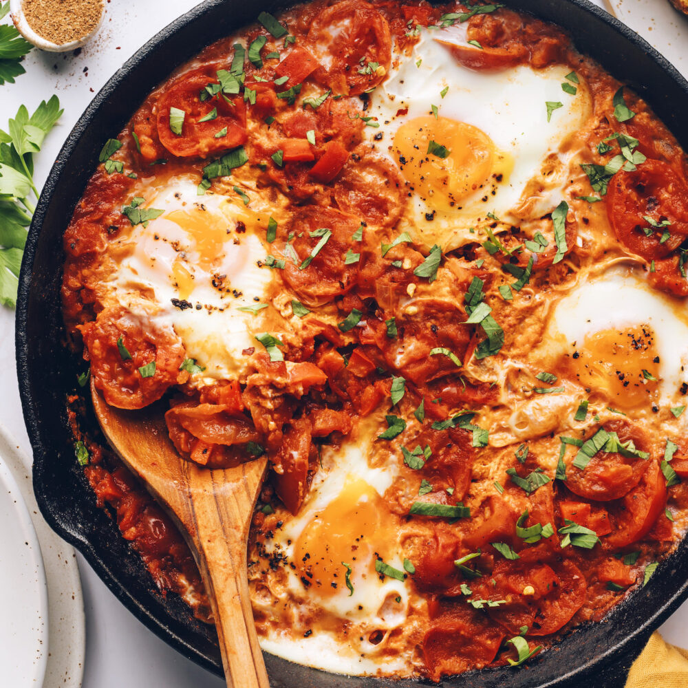Close up shot of a skillet of our easy shakshuka recipe