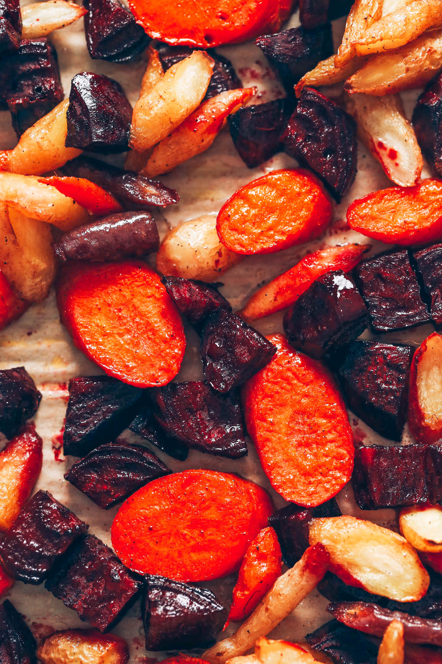 Close-up shot of roasted carrots and beets