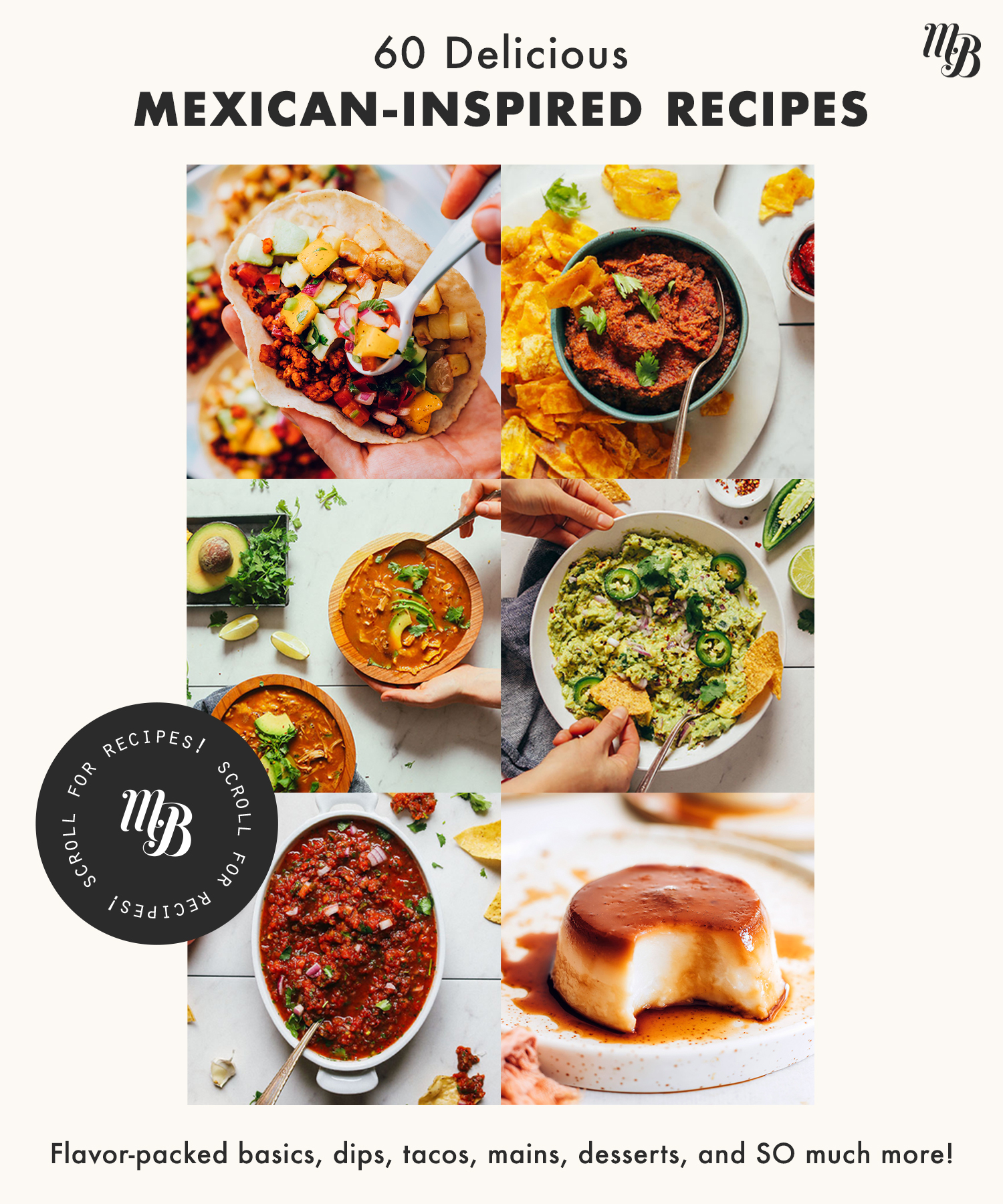 Assortment of Mexican-inspired recipes including tacos, dips, soups, desserts, and more