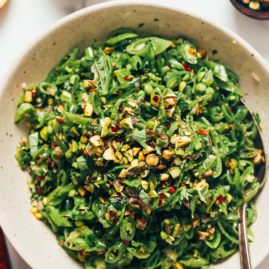 Pile the serving plate high with snap pea salad