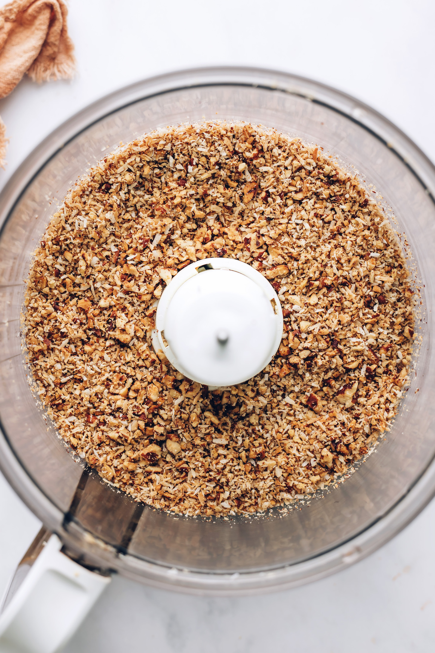 Toasted pecans and coconut in a food processor