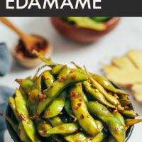 Bowl of vegan spicy garlic edmame