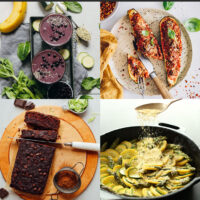 Gallery of plant-based zucchini recipes including zucchini smoothie, squash gratin, zucchini boats, and vegan chocolate zucchini bread