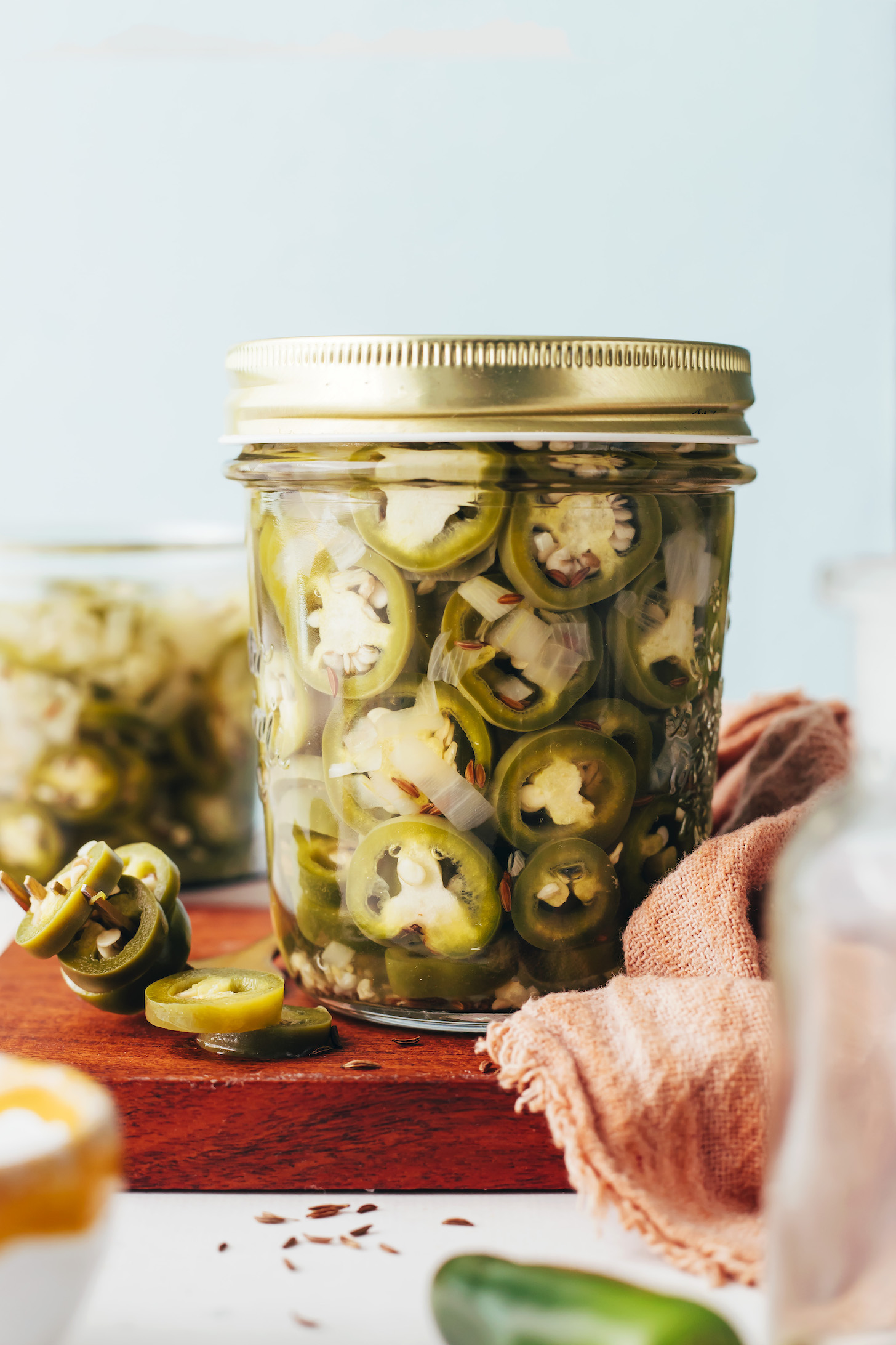 Jar filled with our homemade quick pickled jalapeno recipe