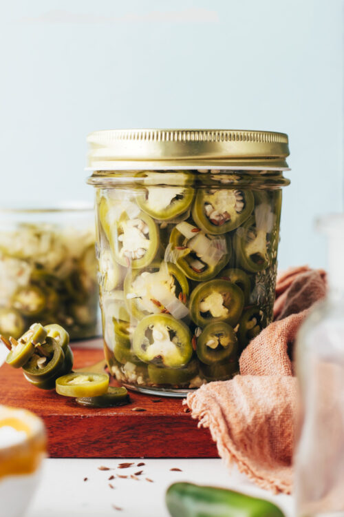 Jar of quick pickled jalapenos