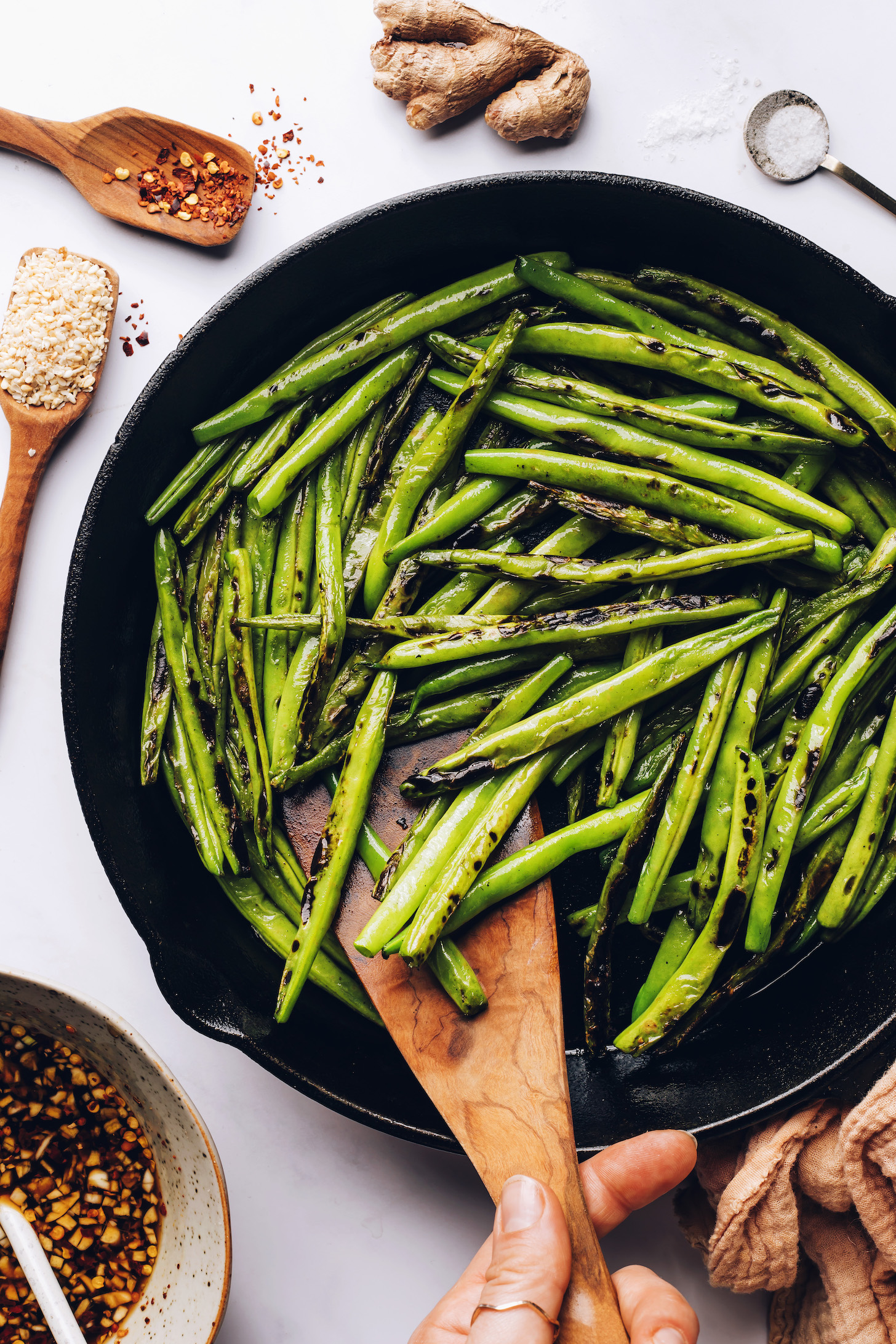 Blistered green beans in a skillet