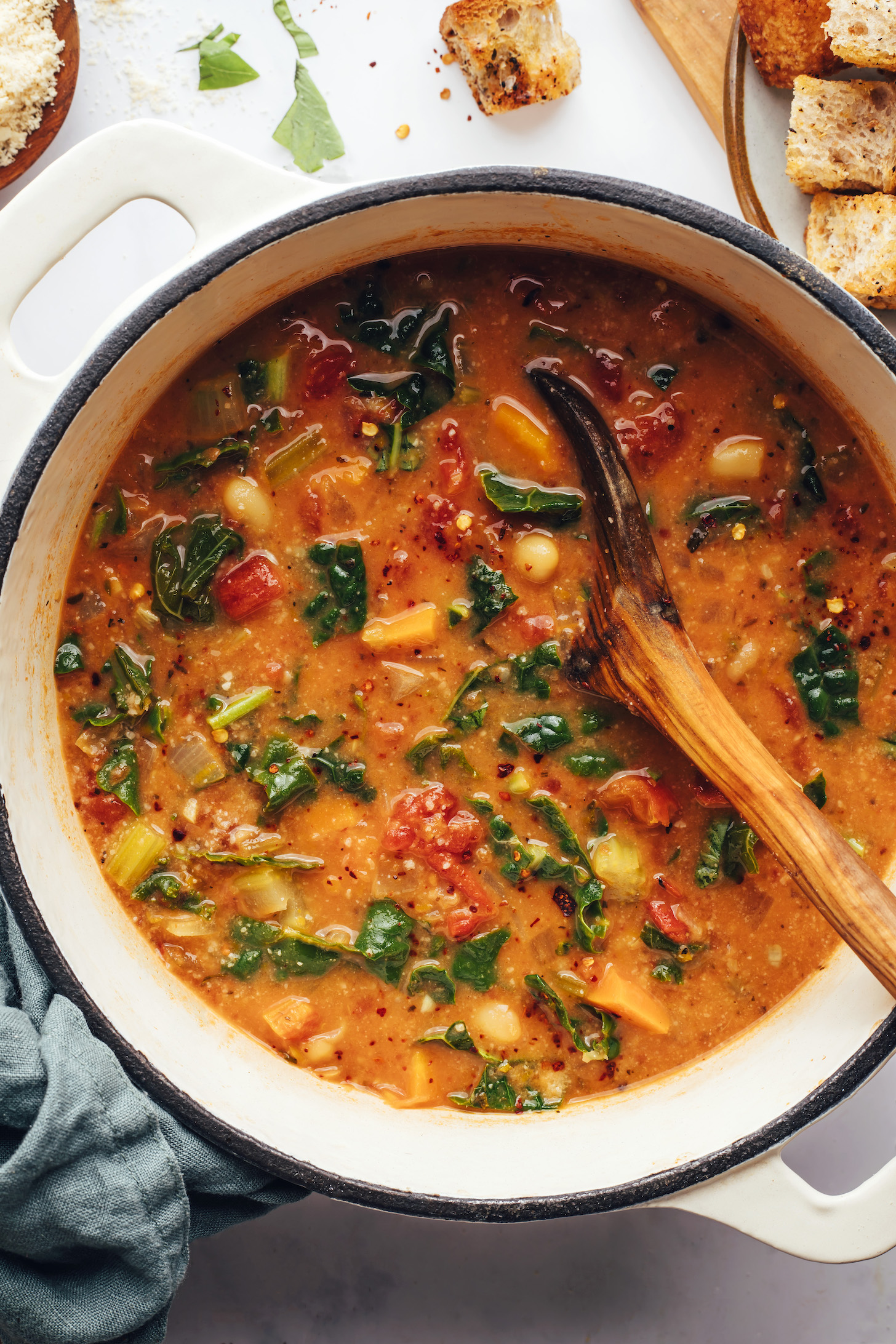 Dutch oven filled with Tuscan kale and white bean soup