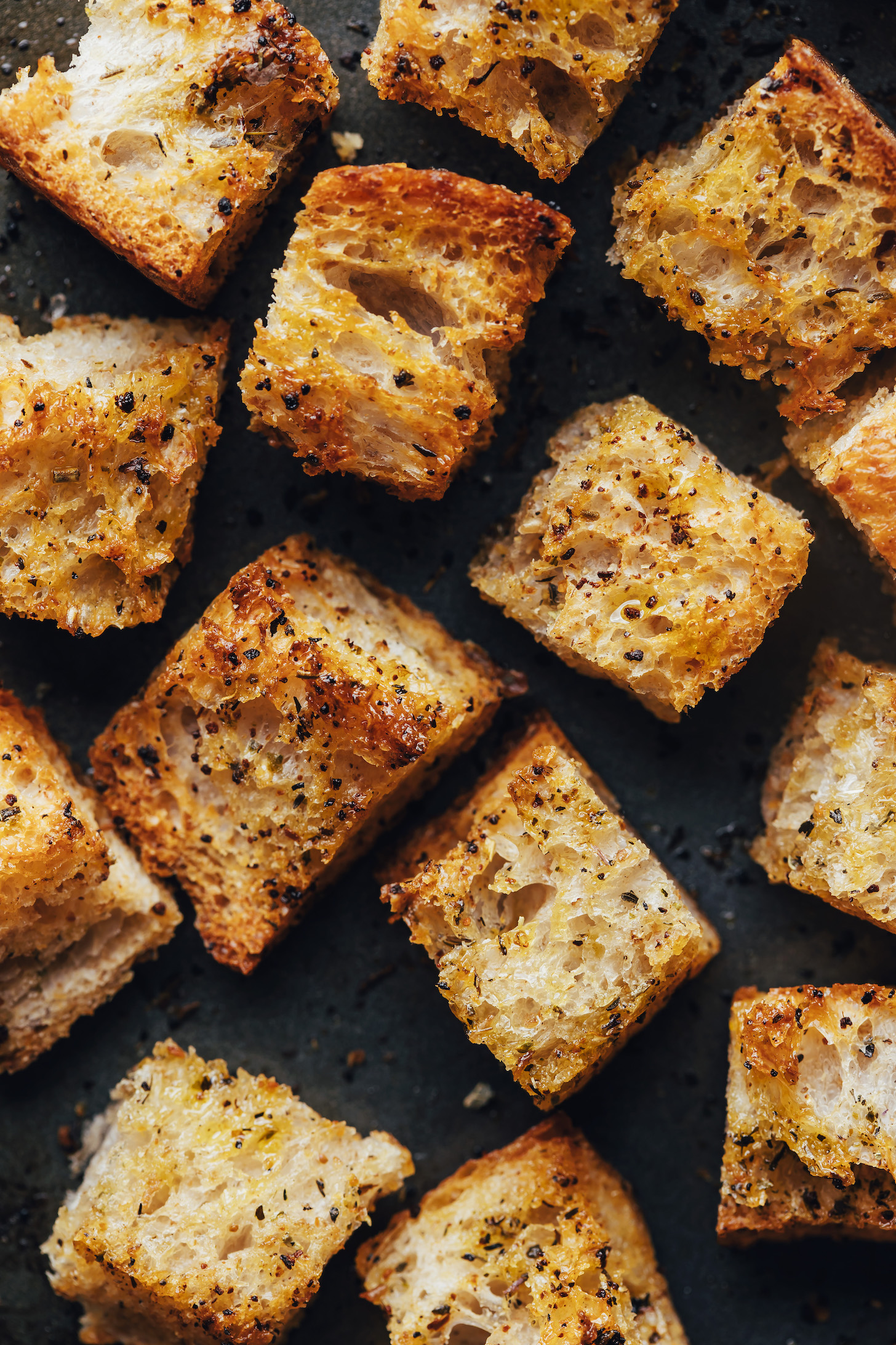 Close up shot of croutons with crispy golden edges