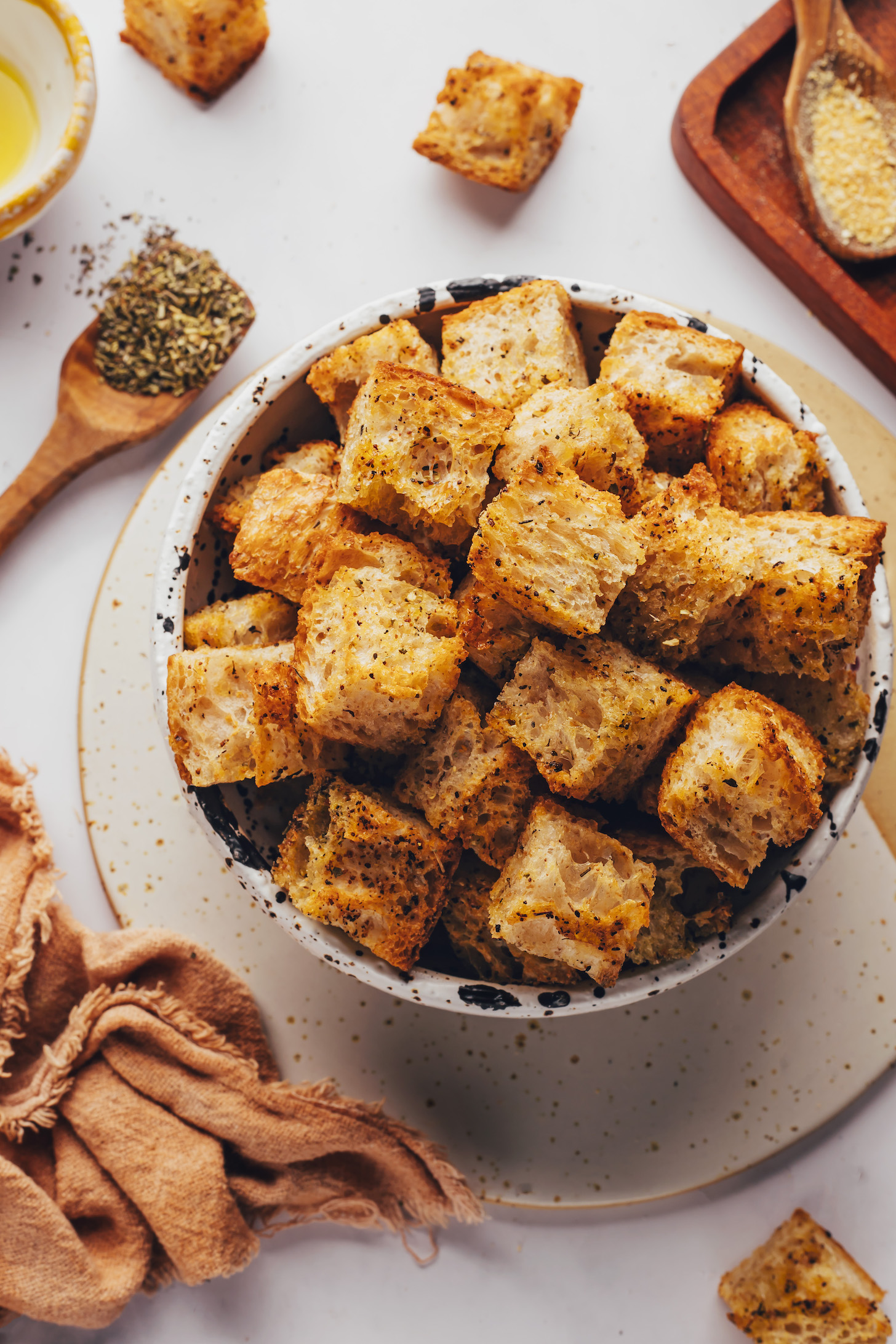 Bowl piled high with sourdough croutons