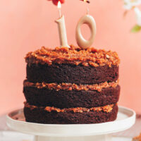 Lighting a candle on our vegan gluten-free German chocolate cake