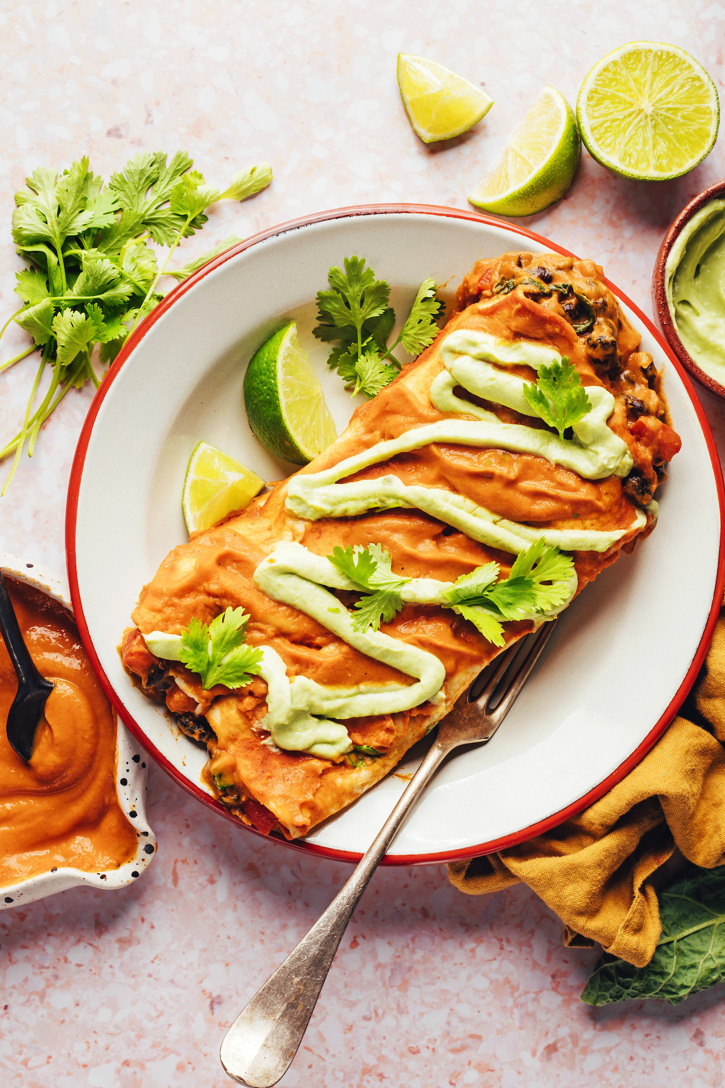 Teller mit Kürbis-Enchiladas aus schwarzen Bohnen, garniert mit Avocado-Crema und Koriander