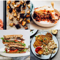 Text reading 20 delicious eggplant recipes (plant-based) above photos of eggplant recipes