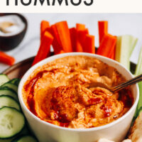 Bowl of spicy chipotle hummus surrounded by sliced veggies and pita bread