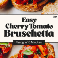 Photos of slices of bread topped with a cherry tomato bruschetta