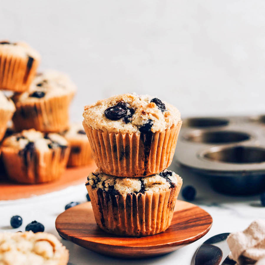 Two gluten-free vegan blueberry muffins on a plate