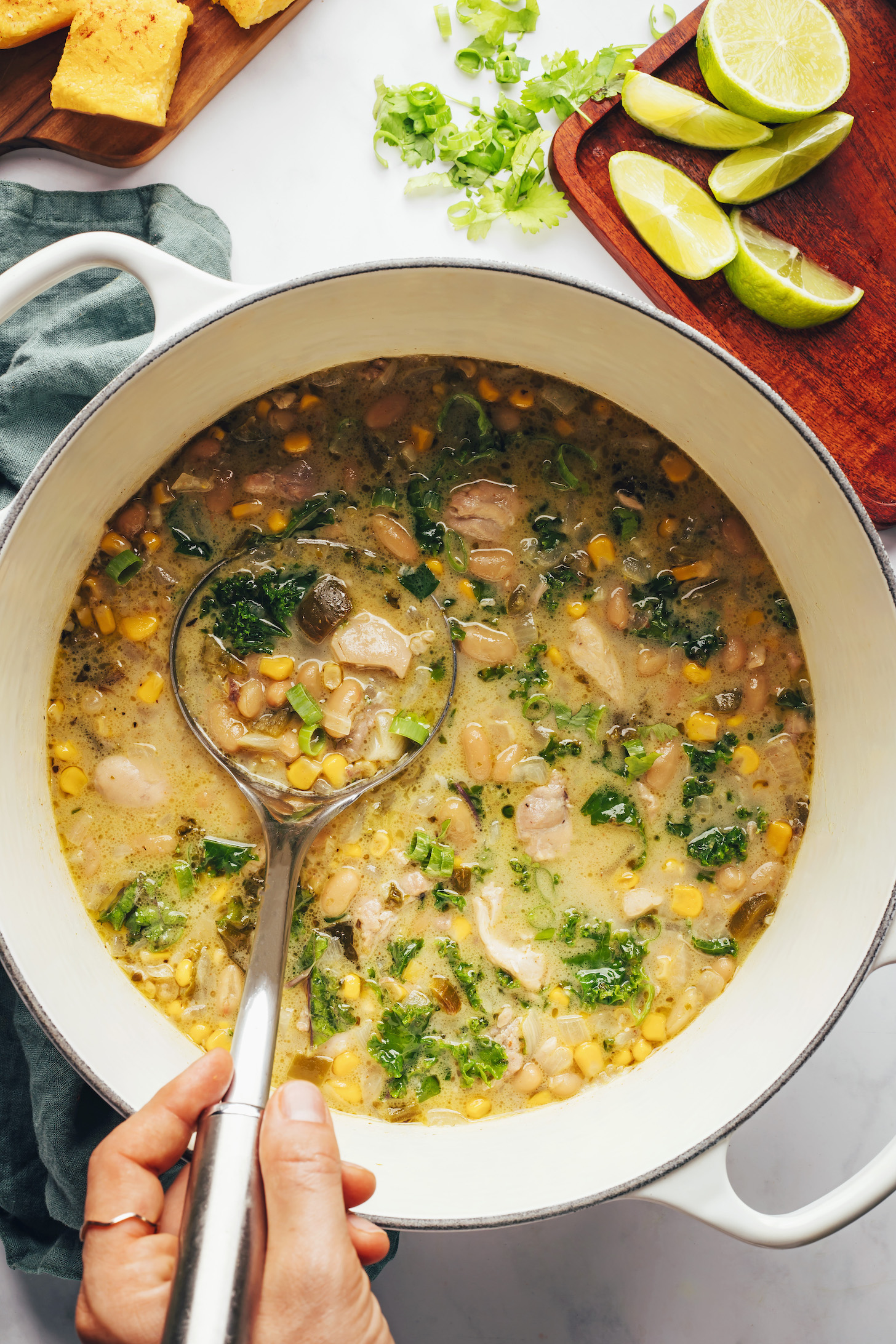 Ladle in a pot of our easy white bean chicken chili recipe